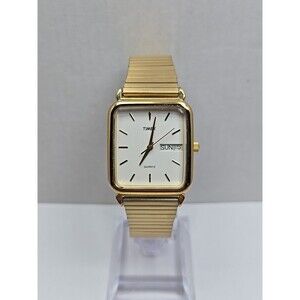 Vintage Timex Mens Tank Gold Tone Day Date Stretch Watch New Battery